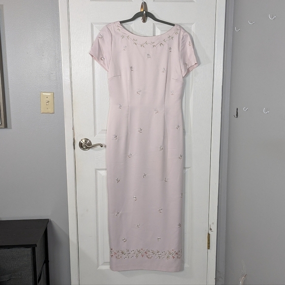 Vintage 80s David‎ Warren Floral Embroidered Baby Pink Satin Maxi Dress Size 12 - Picture 2 of 11